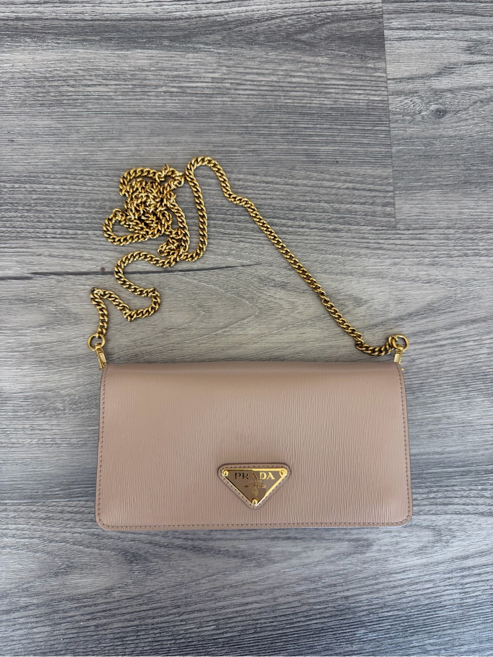 Prada Beige Saffiano Leather Crossbody with Gold Chain